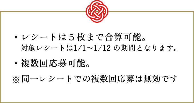 レシートは５枚まで合算可能。対象レシートは1/1〜1/12 の期間となります。複数回応募可能。※同一レシートでの複数回応募は無効です